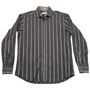 Bugatchi Uomo Men’s Button Up Shirt Lined Collar Striped Black Purple Size L